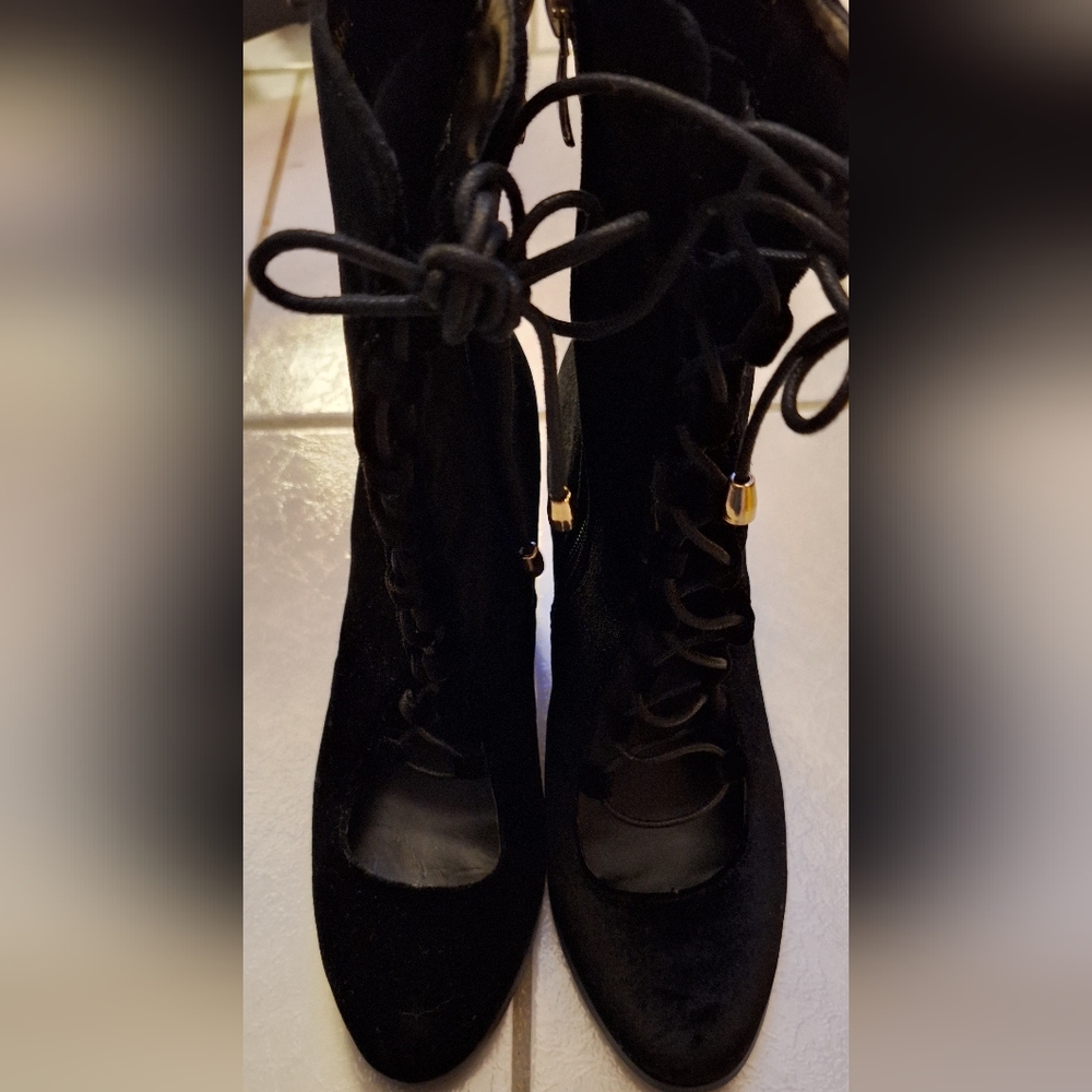 Black Lace-Up Velvet Ankle Boots with Gold Accents